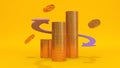 3d cashback concept. Stacks of golden coins with arrows and flying coins around on a yellow background. 3d render Royalty Free Stock Photo
