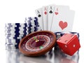 3d Casino roulette wheel with chips, poker cards and dice. Royalty Free Stock Photo