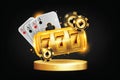 3D casino slot mobile game banner, vector golden flying spin machine jackpot sign, poker card podium.