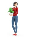 3d casual girl carrying potted plant