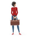 3d casual girl standing with luggage bag and waiting