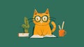 2d cat doodle illustration. For back to school stories. Kitten in glasses with book