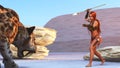 3D cave girl and crouching sabre tooth Royalty Free Stock Photo