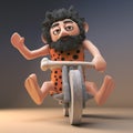 3d caveman biker free wheeling his prehistoric bike, 3d illustration