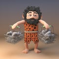 3d caveman has filled his shopping baskets with wonderful rocks, 3d illustration