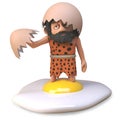 3d caveman wearing animal pelt has fried a dinosaur egg and stood in it by mistake, 3d illustration