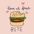 Love at first bite cute burger cartoon illustration doodle style Royalty Free Stock Photo