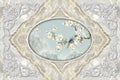 3d ceiling murals wallpaper, stucco decor frame, parrot on a flowery branch in the middle on grey marble background.