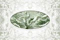 3d ceiling, white decor frame, stone flowers on pale-green marble background. 3d wallpaper.
