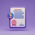 3D Certificate Icon with Person Icon and Seal on Purple Background diploma document Royalty Free Stock Photo
