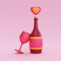 3d Champagne bottle and glasses with heart-shape balloons isolated. Element decor for Valentine\'s Day or birthday. 3d Royalty Free Stock Photo