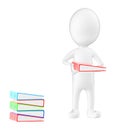 3d characater , man holding file in hands and standing near to a stack of files