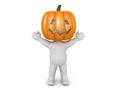 3D Character with arms raised has pumpkin on his head