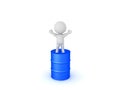 3D Character with arms raised standing on top of blue oil barrel Royalty Free Stock Photo