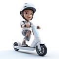 3D character of a boy joyfully rides his scooter against a clean white backdrop, promoting the concept of sustainability and eco-