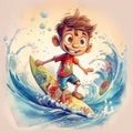 A 3D character of Boy surfing on water illustration image generative AI Royalty Free Stock Photo