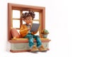 3D character boy with a tablet on a cozy window seat, generated ai