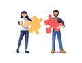 3D character Business illustration vector. Team metaphor, cooperation. People connecting puzzle elements. Vector