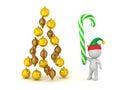 3D character with candy cane and decorative Christmas globes