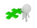 3D Character clinging onto flying green puzzle piece Royalty Free Stock Photo