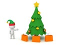 3D Character with Elf Hat Showing Cartoonish Christmas Tree and