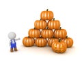 3D Character in Farmers Overalls Showing a Stack of Halloween Pumpkins