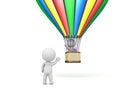 3D Character flying away in a hot air balloon and waving goodbye