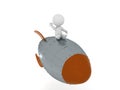 3D Character flying on retro looking rocket and waving his hand