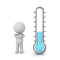 3D Character is freezing next to a thermometer showing cold temperature Royalty Free Stock Photo