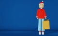3d character girl Christmas shopping bag on blue background rendering. Young woman in Santa hat smartphone in the mall. Royalty Free Stock Photo