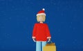 3d character girl Christmas shopping bag on blue background rendering. Young woman in Santa hat smartphone in the mall. Royalty Free Stock Photo