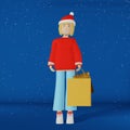 3d character girl Christmas shopping bag on blue background rendering. Young woman in Santa hat smartphone in the mall. Royalty Free Stock Photo