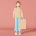 3d character girl shopping bag on pink background 3d rendering Brown haired woman with shopper in the mall. Fashion shop