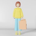 3d character girl shopping bag on white background 3D rendering Brown haired woman with shopper in the mall Fashion shop