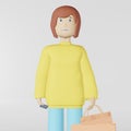 3d character girl shopping bag on white background 3D rendering Brown haired woman with shopper in the mall Fashion shop
