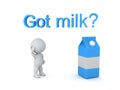 3D Character with got milk text and milk carton Royalty Free Stock Photo