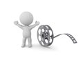 3D Character is happy next to film reel