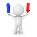 3D Character holding blue up arrow and red down arrow Royalty Free Stock Photo