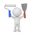 3D Character holding paint scraper and paint roller Royalty Free Stock Photo