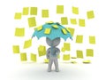 3D Character holds an umbrella while yellow post it sticky notes Royalty Free Stock Photo