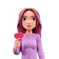 3D character holds a valentine card for Valentine`s Day. Cartoon Woman holding a heart, 3d render. Valentine`s Day Greeting Card