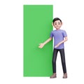 Male character shows something on the roll up x banner standing green screen beside him while bowing, show