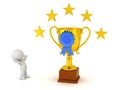 3D Character and Large Gold Trophy with Blue Ribbon and Stars