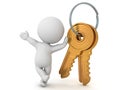 3D Character leaning on apartment key chain Royalty Free Stock Photo