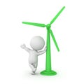 3D Character leaning on green wind turbine