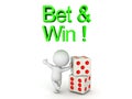 3D Character leaning on a pair of dice with Bet and win text above him Royalty Free Stock Photo