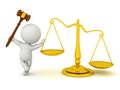 3D Character leaning on scales of justice and holding gavel