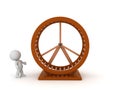 3D Character looking at big wooden hamster wheel