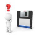 3D Character looking confused at retro floppy disk