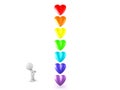 3D Character looking at rainbow colored cartoon hearts